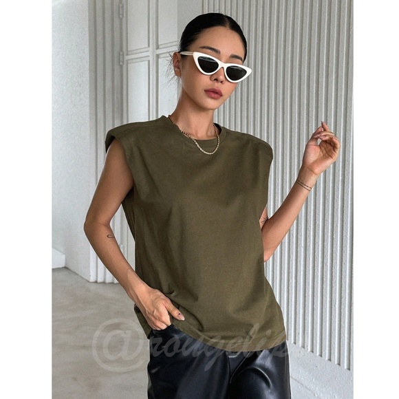 Cotton Padded Shoulders Army Green Muscle Tee Shirt Crew Neck - Picture 7 of 9